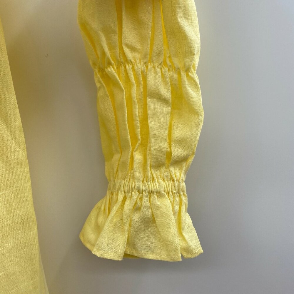 Sleeper Women’s Michelin Linen Midi Dress Lemon Yellow Smocked Puff Sleeve sz L - Picture 5 of 9